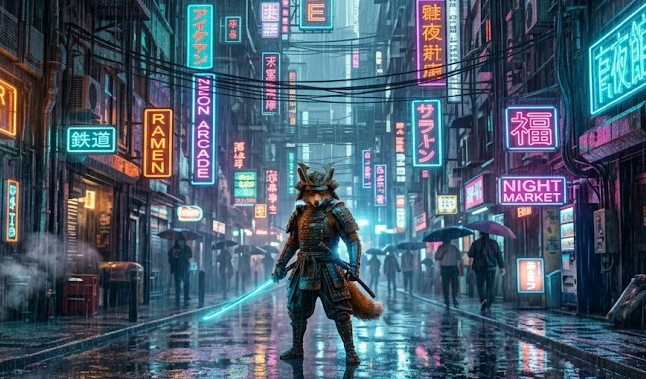 A cyberpunk fox samurai under neon rain, cinematic lighting