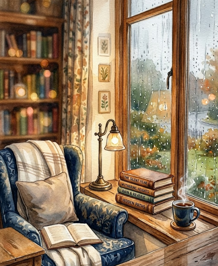 Cozy reading nook by a rainy window, warm golden lamp, watercolor