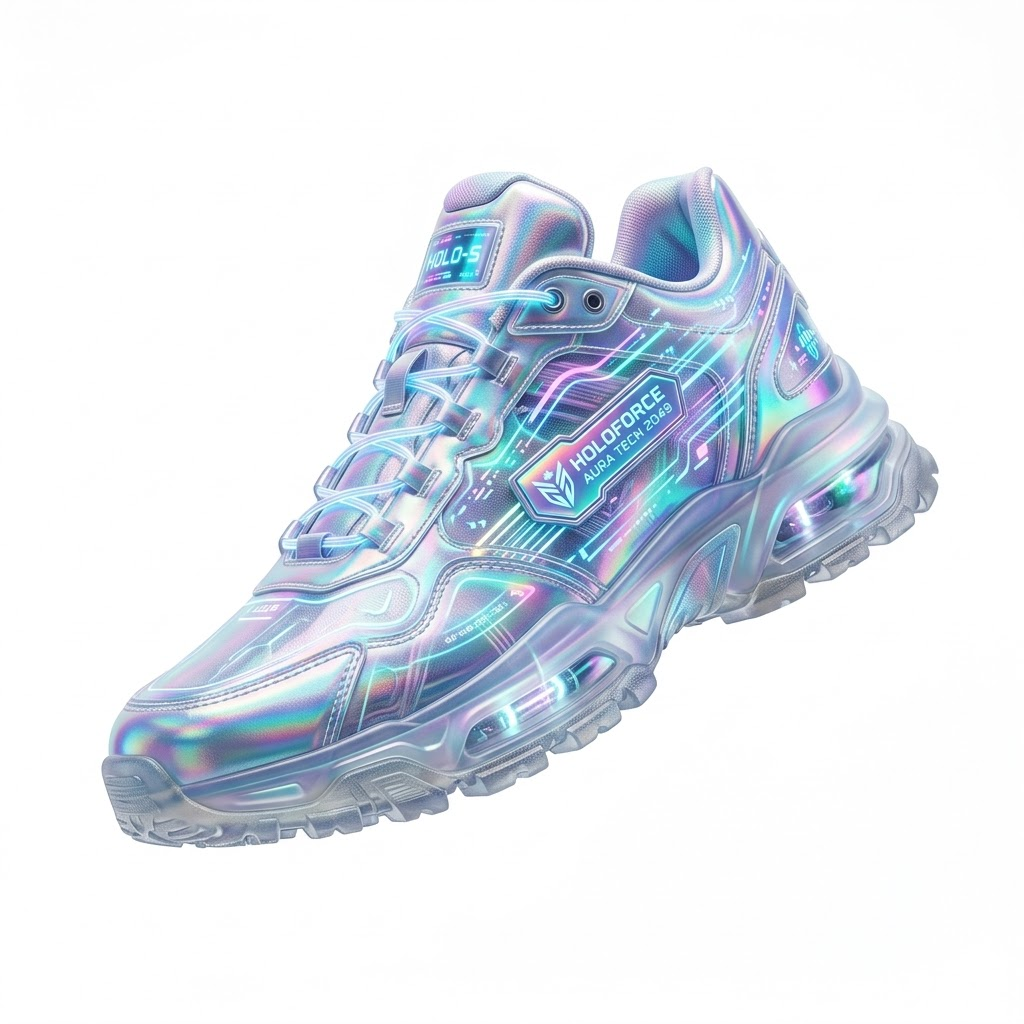 Ultra-detailed product shot of a holographic sneaker on white