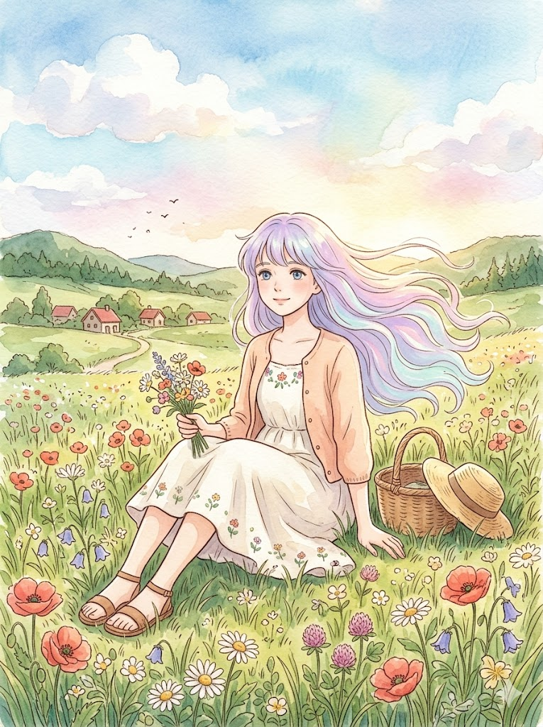 Anime girl with iridescent hair, studio Ghibli inspired meadow