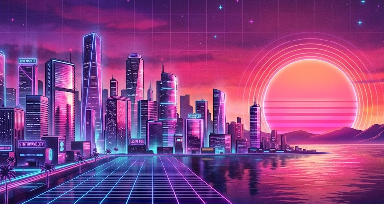 A retro 1980s synthwave city skyline at sunset, chrome and pink