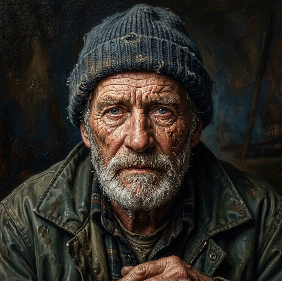 Hyperrealistic portrait of an elderly fisherman, Rembrandt lighting
