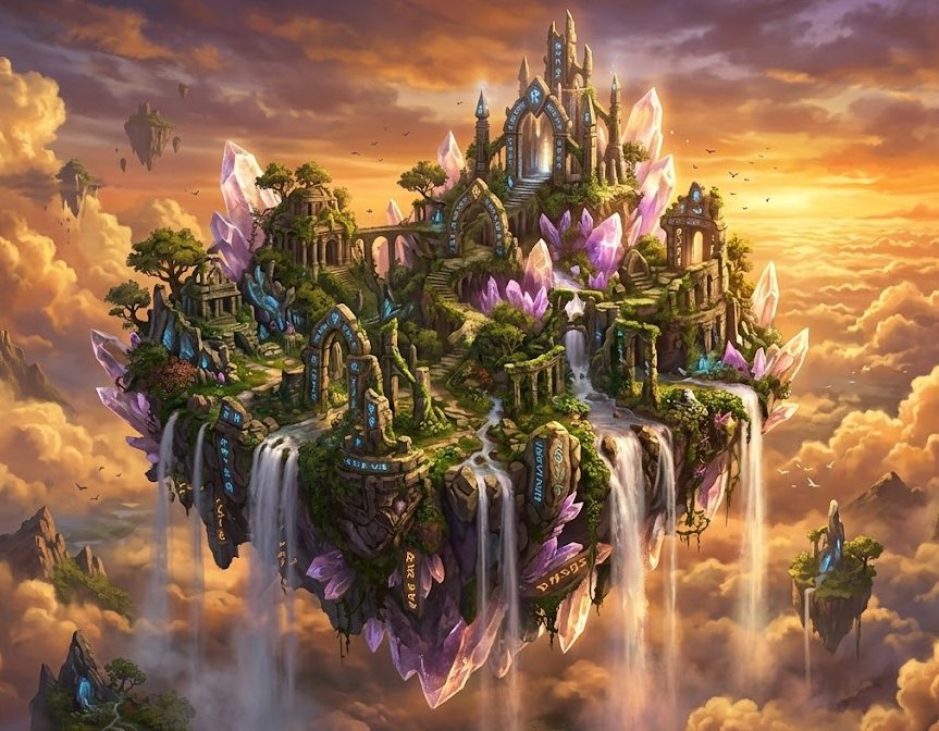 Floating crystal island in the clouds, fantasy concept art