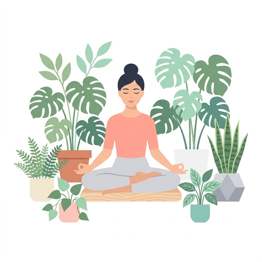 Minimal flat illustration of a person meditating with plants